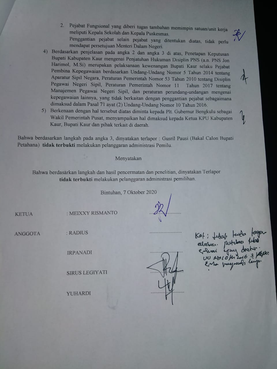 KPU Kaur Nyatakan Gusril Pausi Tidak Terbukti Lakukan Pelanggaran.