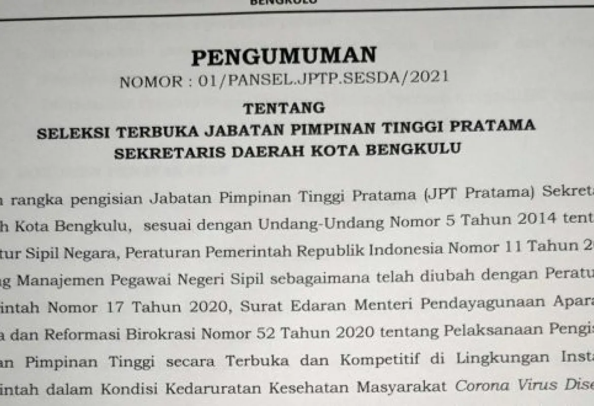 Pemerintah Kota Bengkulu Buka Lelang Jabatan Sesda