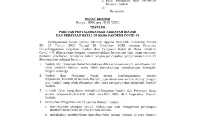 Ini Isi Surat Edaran Walikota Bengkulu Tentang Panduan Penyelenggaraan Kegiatan Ibadah dan Perayaan Natal Yang Wajib Dipatuhi