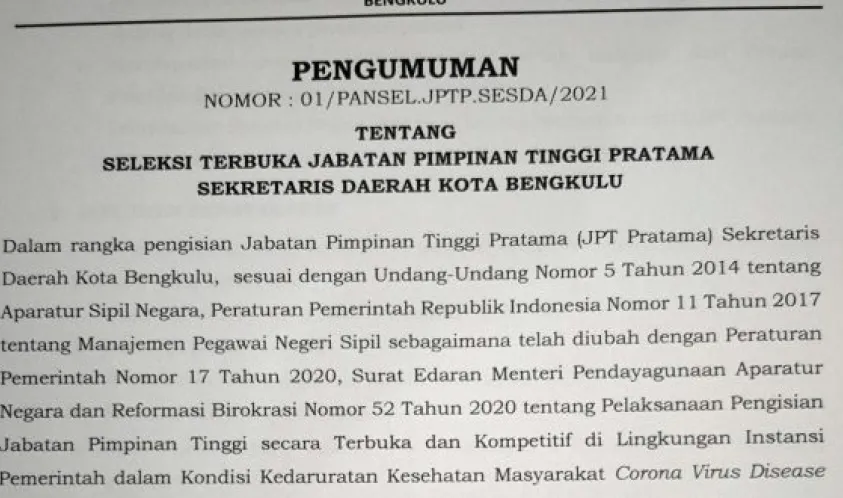 Pemerintah Kota Bengkulu Buka Lelang Jabatan Sesda