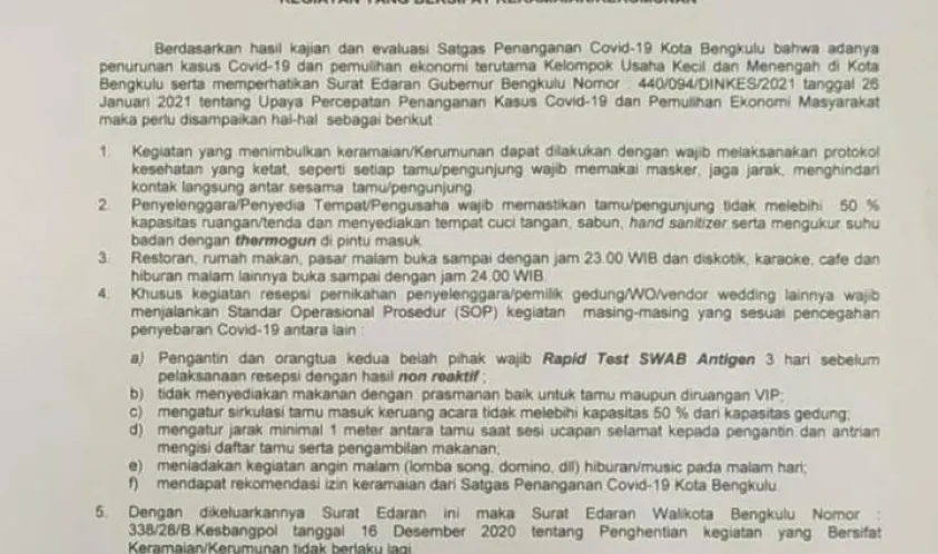 Pemerintah Kota Bengkulu Telah Izinkan Pesta Pernikahan, tapi Pengantin Wajib Rapid Test SWAB